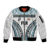 Custom Flying Fijians Rugby Sleeve Zip Bomber Jacket Tapa Tribal Cloth LT03 Unisex White - Polynesian Pride