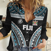 Custom Flying Fijians Rugby Women Casual Shirt Tapa Tribal Cloth Black Color LT03 Female Black - Polynesian Pride