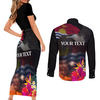 Kiribati Independence Day Couples Matching Short Sleeve Bodycon Dress and Long Sleeve Button Shirt Frigatebird and Plumeria Hibiscus Flower