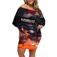 Personalised Kiribati Independence Day Off Shoulder Short Dress Frigatebird and Plumeria Hibiscus Flower LT03 Women Black - Polynesian Pride