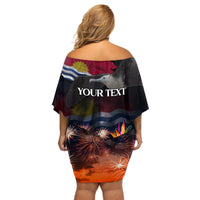 Personalised Kiribati Independence Day Off Shoulder Short Dress Frigatebird and Plumeria Hibiscus Flower LT03 - Polynesian Pride