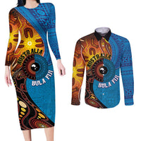 Fiji and Australia Together Couples Matching Long Sleeve Bodycon Dress and Long Sleeve Button Shirt Tapa Tribal Tattoo mix Aboriginal Pattern
