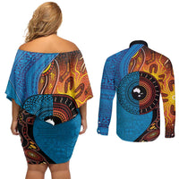 Fiji and Australia Together Couples Matching Off Shoulder Short Dress and Long Sleeve Button Shirt Tapa Tribal Tattoo mix Aboriginal Pattern