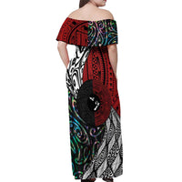 Tonga and New Zealand Together Off Shoulder Maxi Dress Tongan Kupesi Ngatu Tattoo and Maori Paua Shell Pattern