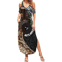 Samoa and New Zealand Together Family Matching Summer Maxi Dress and Hawaiian Shirt Siapo Motif and Maori Paua Shell Pattern