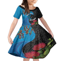 Fiji and New Zealand Together Family Matching Short Sleeve Bodycon Dress and Hawaiian Shirt Tapa Maori Tattoo mix Tagimoucia and Pohutukawa