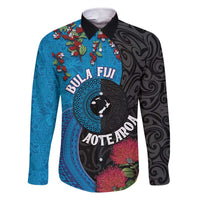 Fiji and New Zealand Together Family Matching Short Sleeve Bodycon Dress and Hawaiian Shirt Tapa Maori Tattoo mix Tagimoucia and Pohutukawa