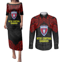 Vitis Central Dabaris Rugby Couples Matching Puletasi Dress and Long Sleeve Button Shirts Papua New Guinea Polynesian Tattoo LT03 Red - Polynesian Pride