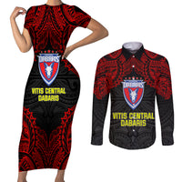 Vitis Central Dabaris Rugby Couples Matching Short Sleeve Bodycon Dress and Long Sleeve Button Shirts Papua New Guinea Polynesian Tattoo LT03 Red - Polynesian Pride