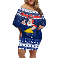 Tokelau Christmas Family Matching Off Shoulder Short Dress and Hawaiian Shirt Santa Claus Tokelau Flag and Coat of Arms with Polynesian Pattern LT03 Mom's Dress Blue - Polynesian Pride
