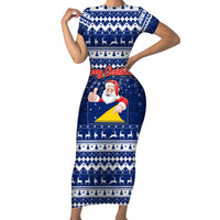 Tokelau Christmas Family Matching Short Sleeve Bodycon Dress and Hawaiian Shirt Santa Claus Tokelau Flag and Coat of Arms with Polynesian Pattern LT03 Mom's Dress Blue - Polynesian Pride