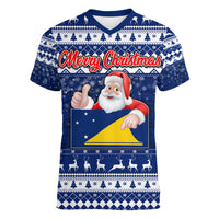 Tokelau Christmas Women V Neck T Shirt Santa Claus Tokelau Flag and Coat of Arms with Polynesian Pattern LT03 Female Blue - Polynesian Pride