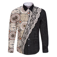 Tukenny Pattern Fijian War Clubs Mix Tapa Tribal Family Matching Off Shoulder Maxi Dress and Hawaiian Shirt LT03 Dad's Shirt - Long Sleeve Beige - Polynesian Pride