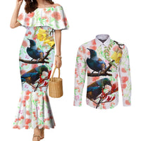 New Zealand Pohutukawa Tui Bird Couples Matching Mermaid Dress and Long Sleeve Button Shirt Kowhai Version LT03 White - Polynesian Pride