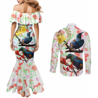 New Zealand Pohutukawa Tui Bird Couples Matching Mermaid Dress and Long Sleeve Button Shirt Kowhai Version LT03 - Polynesian Pride