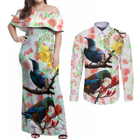 New Zealand Pohutukawa Tui Bird Couples Matching Off Shoulder Maxi Dress and Long Sleeve Button Shirt Kowhai Version LT03 White - Polynesian Pride