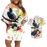 New Zealand Pohutukawa Tui Bird Couples Matching Off Shoulder Short Dress and Hawaiian Shirt Kowhai Version LT03 White - Polynesian Pride