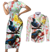 New Zealand Pohutukawa Tui Bird Couples Matching Short Sleeve Bodycon Dress and Long Sleeve Button Shirt Kowhai Version LT03 White - Polynesian Pride