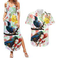 New Zealand Pohutukawa Tui Bird Couples Matching Summer Maxi Dress and Hawaiian Shirt Kowhai Version LT03 White - Polynesian Pride