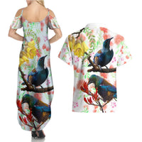 New Zealand Pohutukawa Tui Bird Couples Matching Summer Maxi Dress and Hawaiian Shirt Kowhai Version LT03 - Polynesian Pride
