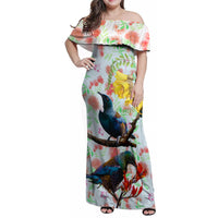 New Zealand Pohutukawa Tui Bird Family Matching Off Shoulder Maxi Dress and Hawaiian Shirt Kowhai Version LT03 Mom's Dress White - Polynesian Pride