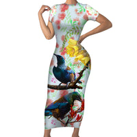 New Zealand Pohutukawa Tui Bird Family Matching Short Sleeve Bodycon Dress and Hawaiian Shirt Kowhai Version LT03 Mom's Dress White - Polynesian Pride