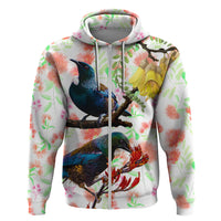 New Zealand Pohutukawa Tui Bird Hoodie Kowhai Version LT03 Zip Hoodie White - Polynesian Pride