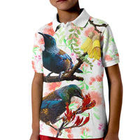 New Zealand Pohutukawa Tui Bird Kid Polo Shirt Kowhai Version LT03 Kid White - Polynesian Pride