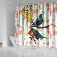 New Zealand Pohutukawa Tui Bird Shower Curtain Kowhai Version LT03 - Polynesian Pride