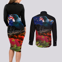 New Zealand ANZAC Day Couples Matching Long Sleeve Bodycon Dress and Long Sleeve Button Shirt Pohutukawa Flower and Tui Bird LT03 - Polynesian Pride