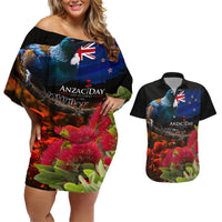 New Zealand ANZAC Day Couples Matching Off Shoulder Short Dress and Hawaiian Shirt Pohutukawa Flower and Tui Bird LT03 Black - Polynesian Pride