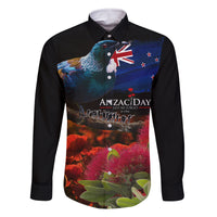 New Zealand ANZAC Day Family Matching Off Shoulder Short Dress and Hawaiian Shirt Pohutukawa Flower and Tui Bird LT03 Dad's Shirt - Long Sleeve Black - Polynesian Pride