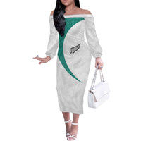 Custom New Zealand Football Off The Shoulder Long Sleeve Dress Go All Silver Ferns - Towards World Cup 2026