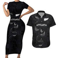Custom New Zealand Rugby Couples Matching Short Sleeve Bodycon Dress and Hawaiian Shirt All Silver Ferns Blacks