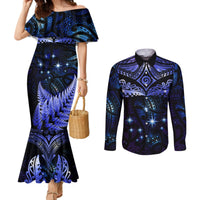 New Zealand Matariki Couples Matching Mermaid Dress and Long Sleeve Button Shirt Maori Pattern and Matariki Sky Night LT03 Blue - Polynesian Pride