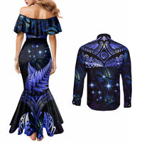 New Zealand Matariki Couples Matching Mermaid Dress and Long Sleeve Button Shirt Maori Pattern and Matariki Sky Night LT03 - Polynesian Pride