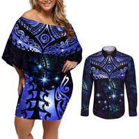 New Zealand Matariki Couples Matching Off Shoulder Short Dress and Long Sleeve Button Shirt Maori Pattern and Matariki Sky Night LT03 Blue - Polynesian Pride