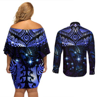 New Zealand Matariki Couples Matching Off Shoulder Short Dress and Long Sleeve Button Shirt Maori Pattern and Matariki Sky Night LT03 - Polynesian Pride