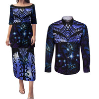 New Zealand Matariki Couples Matching Puletasi and Long Sleeve Button Shirt Maori Pattern and Matariki Sky Night LT03 Blue - Polynesian Pride