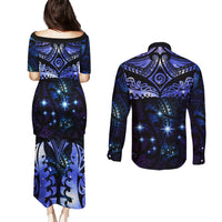 New Zealand Matariki Couples Matching Puletasi and Long Sleeve Button Shirt Maori Pattern and Matariki Sky Night LT03 - Polynesian Pride