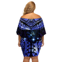 New Zealand Matariki Family Matching Off Shoulder Short Dress and Hawaiian Shirt Maori Pattern and Matariki Sky Night