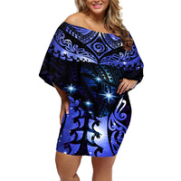 New Zealand Matariki Off Shoulder Short Dress Maori Pattern and Matariki Sky Night LT03 Women Blue - Polynesian Pride