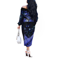 New Zealand Matariki Off The Shoulder Long Sleeve Dress Maori Pattern and Matariki Sky Night