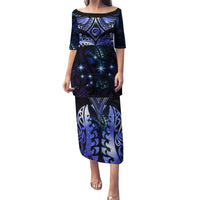 New Zealand Matariki Puletasi Maori Pattern and Matariki Sky Night LT03 Long Dress Blue - Polynesian Pride