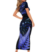 New Zealand Matariki Short Sleeve Bodycon Dress Maori Pattern and Matariki Sky Night