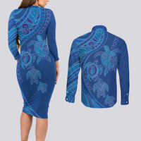 Hawaiian Turtles and Polynesian Art Tattoo Couples Matching Long Sleeve Bodycon Dress and Long Sleeve Button Shirt Ocean Abyss