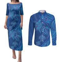 Hawaiian Turtles and Polynesian Art Tattoo Couples Matching Puletasi and Long Sleeve Button Shirt Ocean Abyss