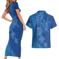 Hawaiian Turtles and Polynesian Art Tattoo Couples Matching Short Sleeve Bodycon Dress and Hawaiian Shirt Ocean Abyss