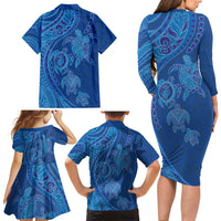 Hawaiian Turtles and Polynesian Art Tattoo Family Matching Long Sleeve Bodycon Dress and Hawaiian Shirt Ocean Abyss