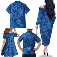 Hawaiian Turtles and Polynesian Art Tattoo Family Matching Off The Shoulder Long Sleeve Dress and Hawaiian Shirt Ocean Abyss
